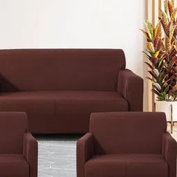 GIFTS ISLAND Brown Solid Polyester 3 Piece Sofa Cover With Arms-image-3