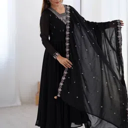 ZIBLON Floral Embroidered Georgette V Neck Anarkali Kurta With Trousers & Dupatta-picture-38