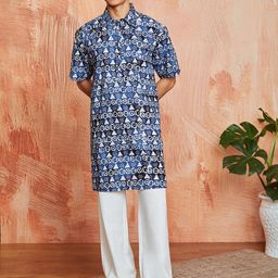 VASTRAMAY Geometric Batik Printed Shirt Collar Straight Kurta with Trousers-image-65