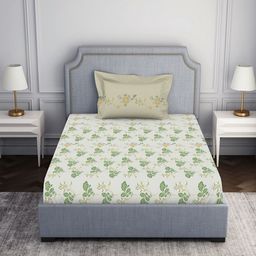 SPACES Atrium2024 Beige Floral Printed Pure Cotton 144 TC Single Bedsheet & 1 Pillow Cover-image-37