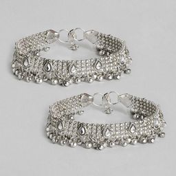 I Jewels Set of 2 Rhodium Plated Kundan Studded Ghungroo Anklets-17