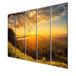 999Store Set Of 5 Yellow & Brown Mountain View With Tree Printed Wall Paintings image 3