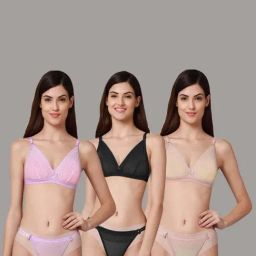 AROUSY Black & Pink Self Pattern Bra Panty Set - Pack Of 3-image-71