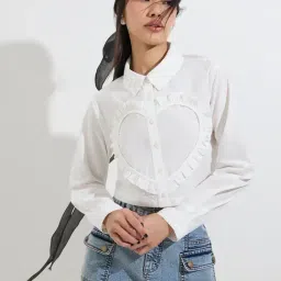 Nuon by Westside White Ruffled Heart Cotton Shirt-image-58