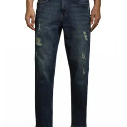 Louis Philippe Navy Cotton Regular Fit Distressed Jeans-picture-1