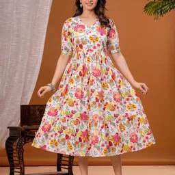 JAIPURFAME Floral Printed V-Neck Puff Sleeves Maternity Cotton Anarkali Ethnic Dress-picture-28