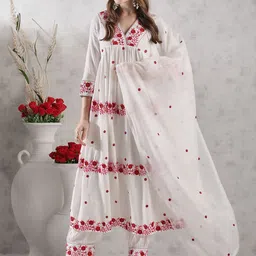GoSriKi Floral Embroidered Thread Work Anarkali Kurta with Harem Pants & Dupatta-picture-18