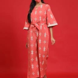 Juniper Peach Geometric Printed Cotton Flex Jumpsuit With Zip Closure-image-20