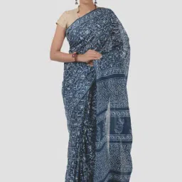 Kalakari India Blue Cotton Printed Saree With Unstitched Blouse-image-48