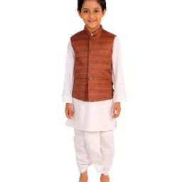 VASTRAMAY Kids Coffee Brown & White Cotton Textured Kurta Set-image-55