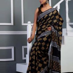 Unnati Silks Black Cotton Printed Saree With Unstitched Blouse-image-38