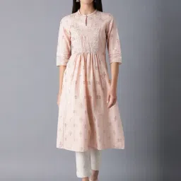W Peach Cotton Embroidered Straight Kurta-picture-25