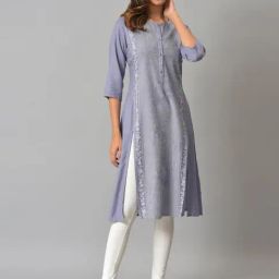 W Purple Floral Print Straight Kurta-image-48