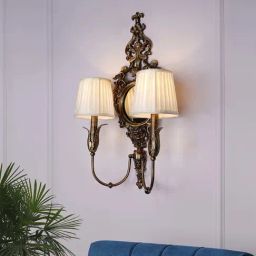 Fos Lighting Antique Brass Wall Lamp with Mirror and Pleated Chiffon Shades-picture-7