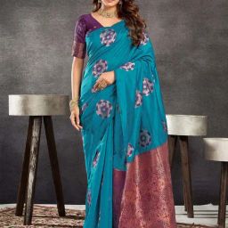 Satrani Teal Blue & Purple Woven Saree With Unstitched Blouse-image-85