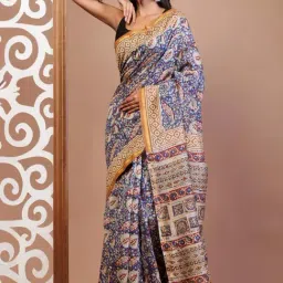 Unnati Silks Blue Floral Print Saree With Unstitched Blouse-image-64