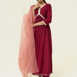 Jaipur Kurti Maroon Embroidered Flared Kurta With Dupatta-picture-48
