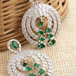 Zeneme Rhodium Plated Silver Toned Green AD Contemporary Dangler Earrings-image-95