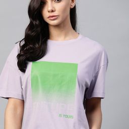 The Roadster Lifestyle Co Women Lavender  Green Pure Cotton Graphic Print Boxy Fit Sleeves T-shirt-image-39