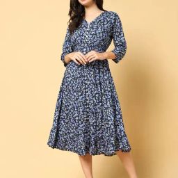 SHOWOFF Navy Floral Print Fit & Flare Dress-image-2