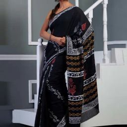 Unnati Silks Black Cotton Printed Saree With Unstitched Blouse-image-61
