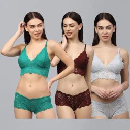AROUSY Green & Maroon Self Pattern Bra Panty Set - Pack Of 3-image-61