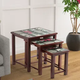 India Circus by Krsnaa Mehta Signature Windows Printed Black Teak Wood Nesting Table - Set of 3 image 1