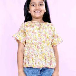Kiddopanti Girls White & Yellow Printed Regular Fit Top-13
