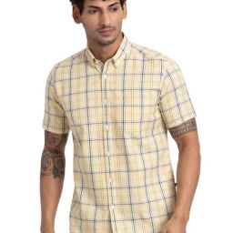 Parx Yellow Cotton Slim Fit Checks Shirt-picture-6