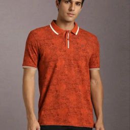 Louis Philippe Orange Cotton Slim Fit Printed Polo T-Shirt-picture-1