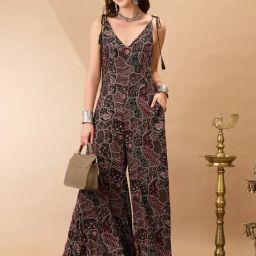 Globus Women Black V-Neck Tie Up Sleeves Ethnic Print Wide Leg Fusion Jumpsuit-picture-33