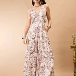 Globus Women Off White V-Neck Tie Up Sleeves Ethnic Print Wide Leg Fusion Jumpsuit-picture-32