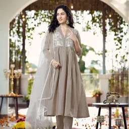 Tikhi Imli Beige Flared Fit Embroidered Kurta and Pants with Dupatta-picture-4