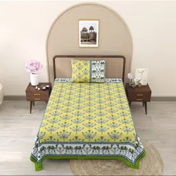 JAIPUR FABRIC Yellow & White Floral Single Bedsheet with 1 Pillow Covers-image-92
