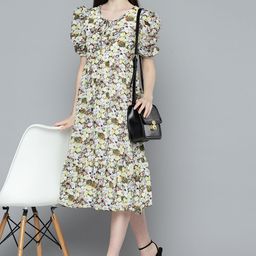 Chemistry Floral Print Tie-Up Neck Puff Sleeve Georgette A-Line Midi Dress-image-82