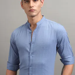 HIGHLANDER Men Band Collar Textured Cotton Casual Shirt-image-99