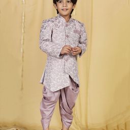 AJ Dezines Full Sleeves Jacquard Indo Western Sherwani & Dhoti Set - Purple-image-65