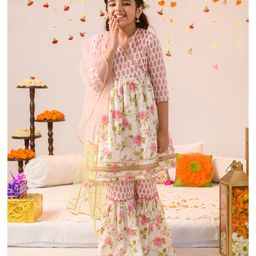 Pspeaches Three Fourth Sleeves Flower Motif & Rose Swirl Printed Flared Kurta With Coordinating Gota Lace Embellished Sharara & Dupatta - Off White-image-65