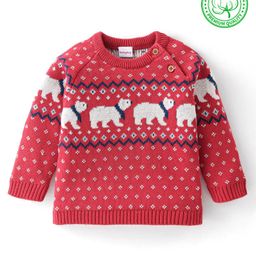 Babyhug Organic Cotton Knit Full Sleeves Pullover Polar Bear Design - Red-image-67