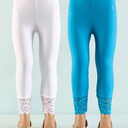 Honeyhap Premium Cotton Super Soft Stretchable Solid Ankle Length Leggings with Bio Finsh Pack of 2 - White & Turkish Tile-image-21