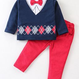ToffyHouse Cotton Full Sleeves Party Tee & Trouser Set with Argyle Print - Red & Navy Blue-image-21