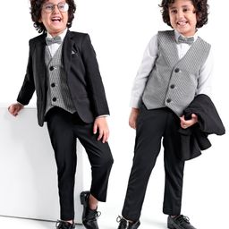 Babyhug Woven Full Sleeves Stretchable 5 Pieces Solid Party Suit with Bow Tie - Black-image-37