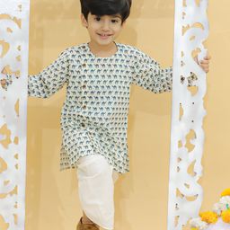 MoMaa Pure Cotton  Full Sleeves Camel Printed Angrakha Style Kurta With Coordinating Dhoti  - Blue-image-1