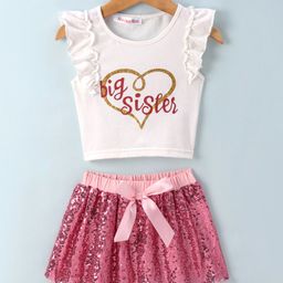 Kookie Kids Sleeveless Tops & Skirts With Text Print & Sequin Detailing - White & Pink-image-76