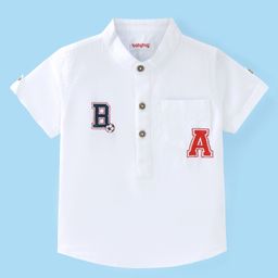 Babyhug Cotton Woven Half Sleeves Mandarin Collar Kurta Shirt With Placement Embroidery - White-image-3
