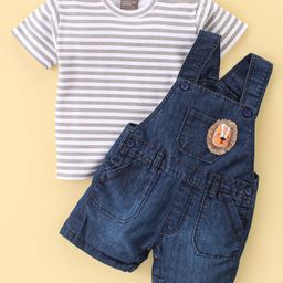 Little Kangaroos Cotton Half Sleeves Striped T-Shirt & Dungaree Set With Embroidery- Dark Blue-image-89