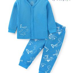 Babyoye Cotton Model Knit Full Sleeves Front Open Thermal Vest & Pant Set with Elephant Print - Light Blue-image-64