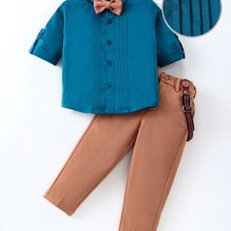 Mark & Mia Full Sleeves Solid Colour Shirt & Trouser Set with Pintucks Detailing Bow & Suspender - Blue-image-23