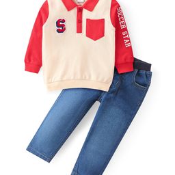 Babyhug Cotton Knit Full Sleeves Polo T-Sirt & Denim Jeans Set With Text Print - Red Off White & Blue-image-98