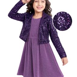 Hola Bonita Knit A Line Shimmered Party Frock with Full Sleeves Collared SequinedJacket - Purple-picture-18